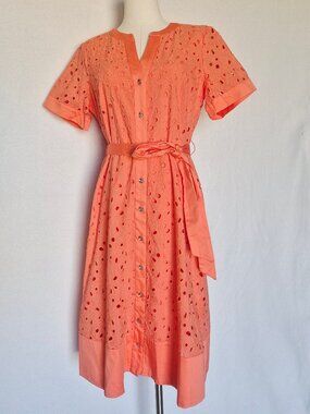NWoT Karl Lagerfeld Cotton Eyelet Belted Midi Shirt Dress Button-Front Orange
